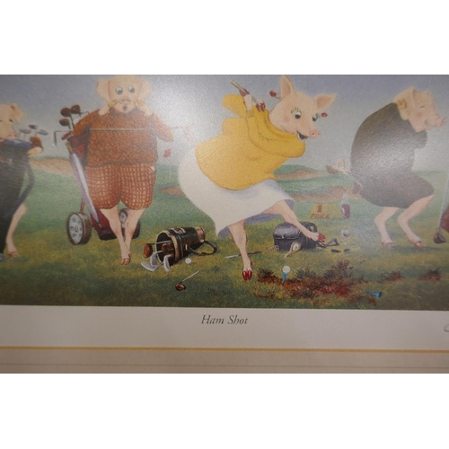 393 - Golf themed diarama together with L/E signed pig print