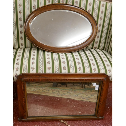 422 - Oak framed bevelled glass mirror together with small mantle mirror