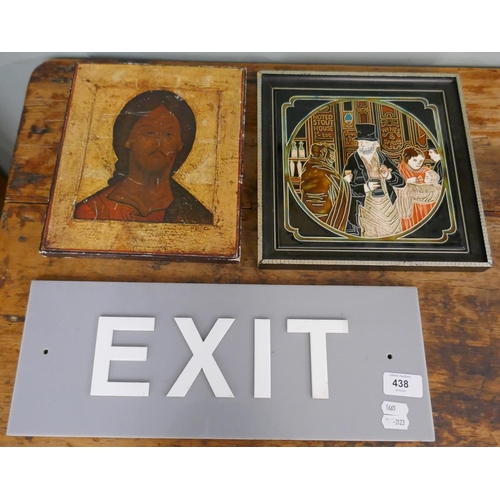 438 - Framed ceramic tile, exit sign and icon