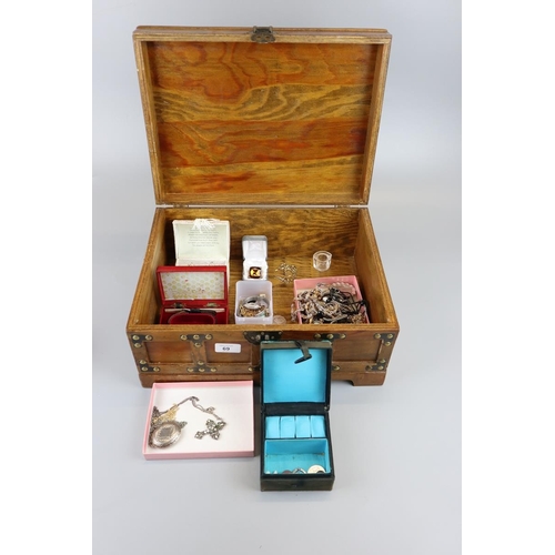 69 - Small wooden chest and contents to include watches and jewellery