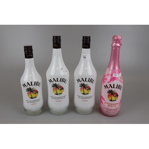 70 - 2 x 1ltr bottles of Malibu,1 x 750ml and 1 x 70cl bottle of Malibu