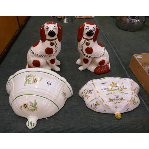 154 - Pair of Staffordshire dogs along with 2 wall pockets