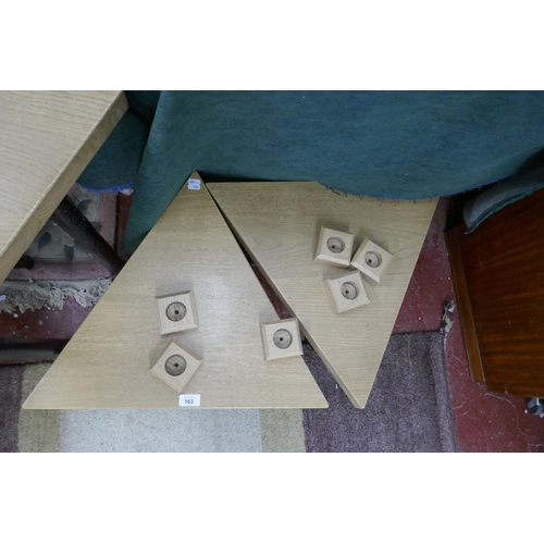 163 - Pair of triangular occasional tables made from Victorian sash window weights with oak top and feet (... 