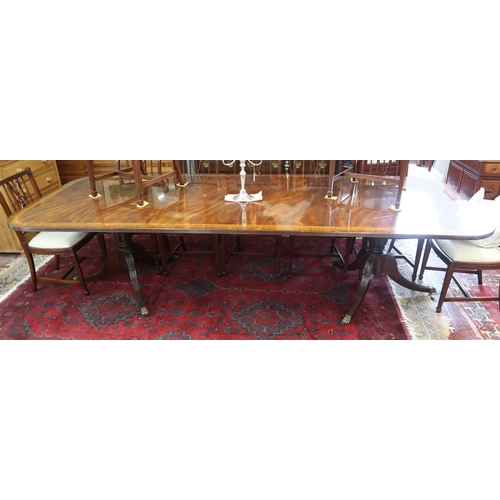 275 - Large 2 pillar mahogany dining table with 2 leaves - Approx L: 302cm W: 117cm H: 77cm