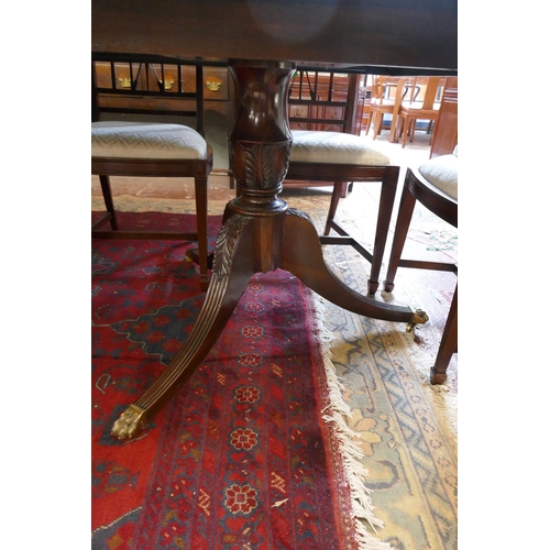 275 - Large 2 pillar mahogany dining table with 2 leaves - Approx L: 302cm W: 117cm H: 77cm