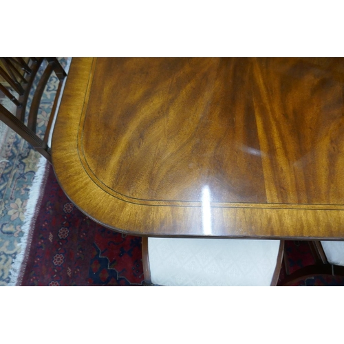 275 - Large 2 pillar mahogany dining table with 2 leaves - Approx L: 302cm W: 117cm H: 77cm