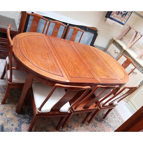 288 - Oriental themed extending table and 8 chairs to include 2 carvers - Approx table size L: 215cm W: 11... 