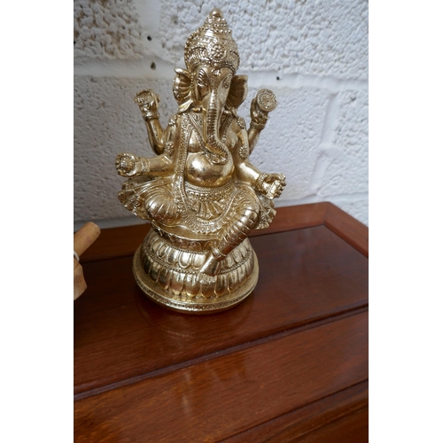 297 - Oriental puppet on stand - Approx. height: 51cm together with 2 gilt Ganesh figures