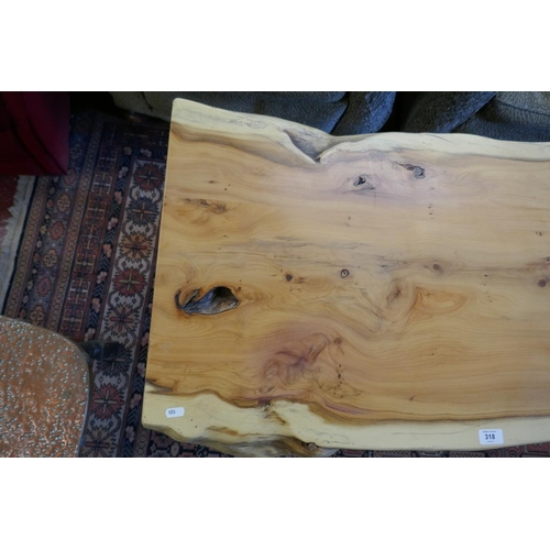 318 - Coffee table made from Victorian sash window weights with elm top (all metal fabrication by Veterans... 