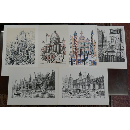 320 - Zdenek Sindlar: 6 rare stone lithographs signed and numbered - Scenes of Prague Washington USA and L... 