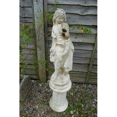 342 - Stone statue of girl on plinth - Approx H: 103cm