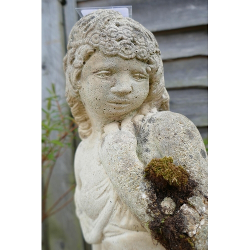 342 - Stone statue of girl on plinth - Approx H: 103cm