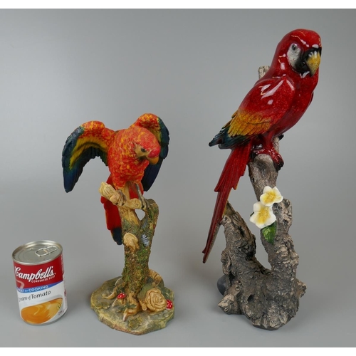 77 - 2 colourful exotic birds in textured and glazed finishes perched on branches. Approx H: 39cm & H... 