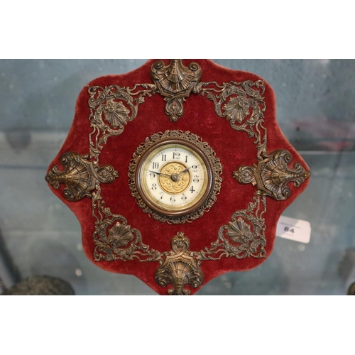 84 - Desk time piece by British United Clock Co Birmingham in red velvet and gilt metal shell decorated c... 