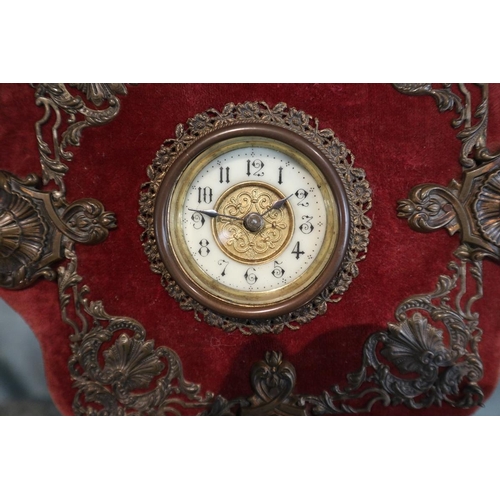 84 - Desk time piece by British United Clock Co Birmingham in red velvet and gilt metal shell decorated c... 