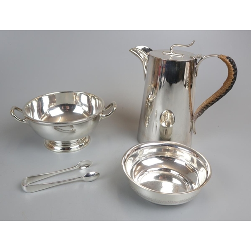 110 - Silver plate coffee pot 2 bowls and sugar nips