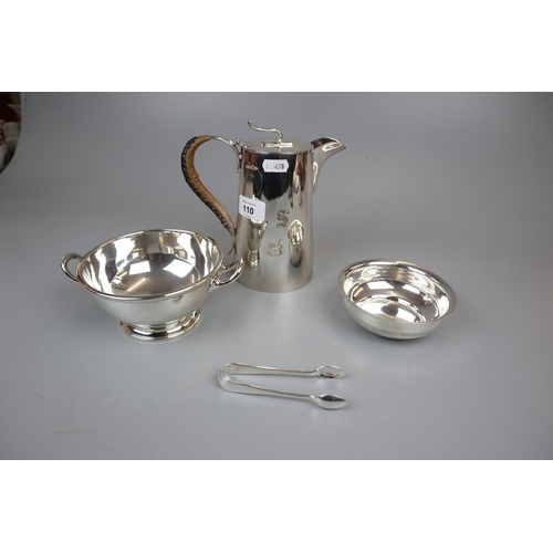 110 - Silver plate coffee pot 2 bowls and sugar nips