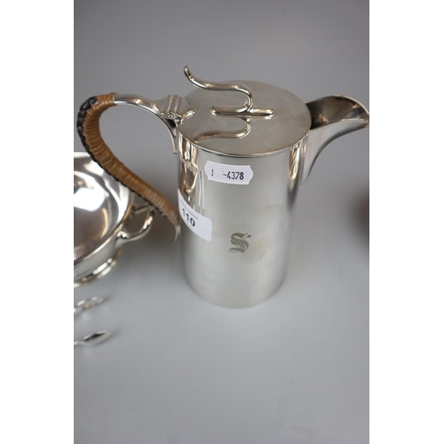 110 - Silver plate coffee pot 2 bowls and sugar nips