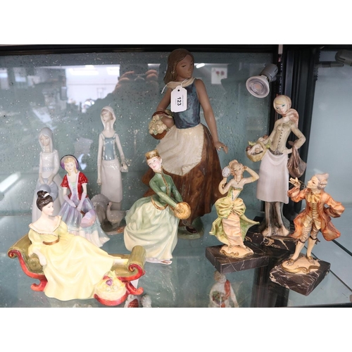 123 - Collection of lady figurines to include Nao, LLadro, Royal Doulton etc