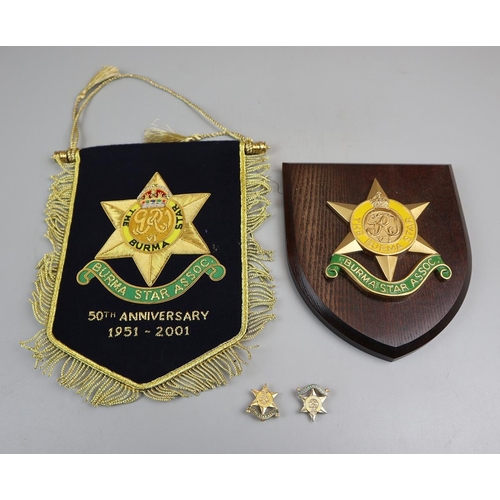 134 - Burma star shield badges and ephemera