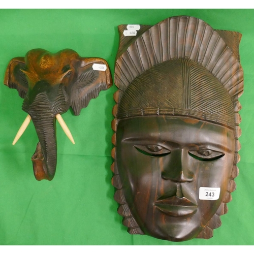 243 - Wooden carved African mask and elephant head