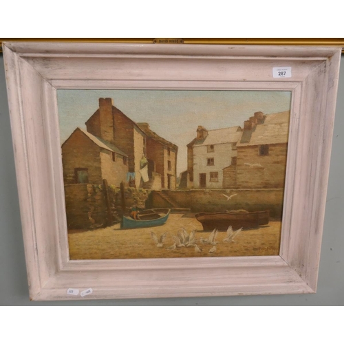 287 - Oil Polperro harbour signed Langton 1935 - Approx image size: 47cm x 36cm