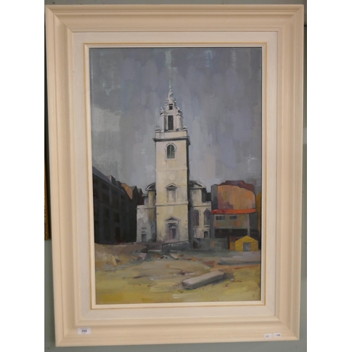 288 - Oil St James Garlickhythe church London by Philip Hemsley listed artist - Approx image size: 50cm x ... 