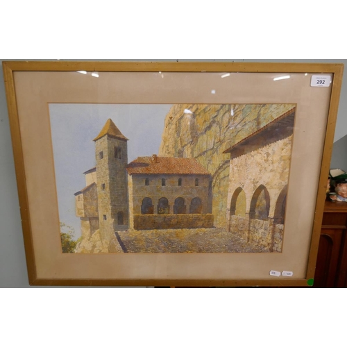 292 - Watercolour A G Smith Continental building in rocks - Approx image size: 50cm x 34cm