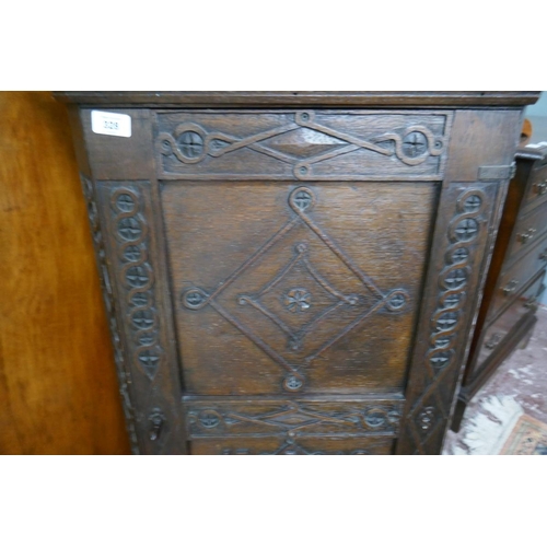 328 - Antique carved oak corner cupboard depicting boar