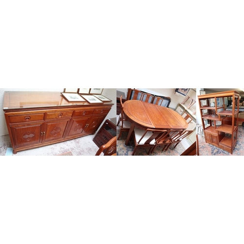 351 - Oriental themed extending table and 8 chairs to include 2 carvers - Approx table size L: 215cm W: 11... 