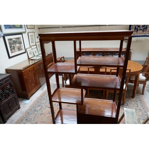 351 - Oriental themed extending table and 8 chairs to include 2 carvers - Approx table size L: 215cm W: 11... 