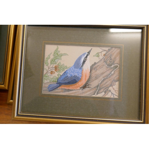 380 - Set of 6 silk embroideries ornithological themes