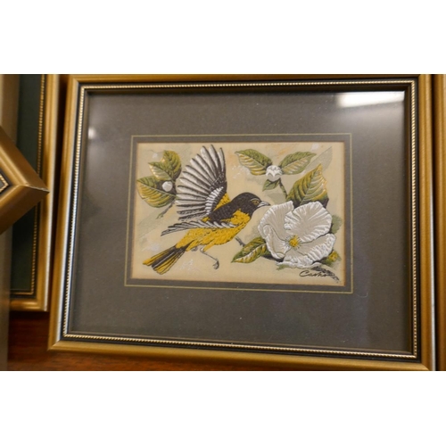 380 - Set of 6 silk embroideries ornithological themes