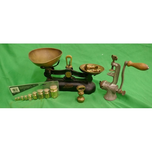 396 - Vintage Boots scales with 2 sets of weights and a mincer