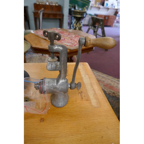 396 - Vintage Boots scales with 2 sets of weights and a mincer