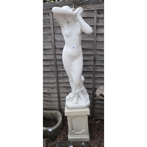 459 - Painted stone statue of maiden on plinth - Approx height: 178cm