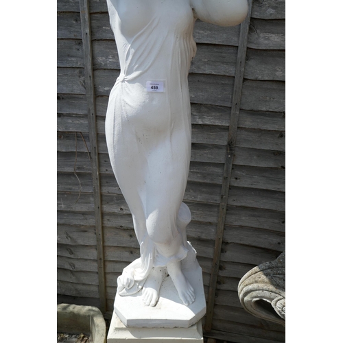 459 - Painted stone statue of maiden on plinth - Approx height: 178cm