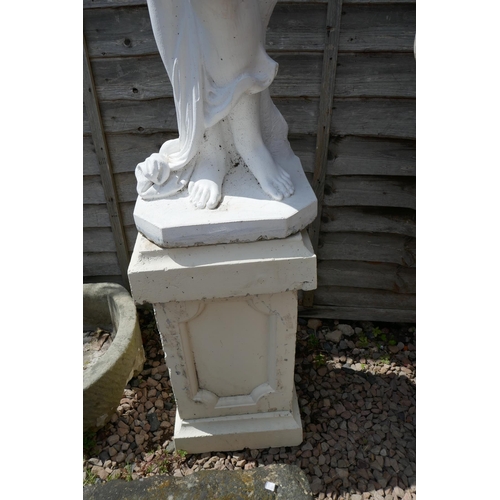 459 - Painted stone statue of maiden on plinth - Approx height: 178cm