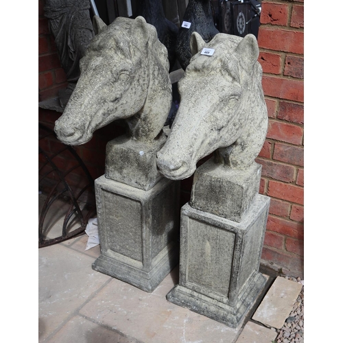 469 - Pair of stone horse busts on plinths - Approx height: 106cm