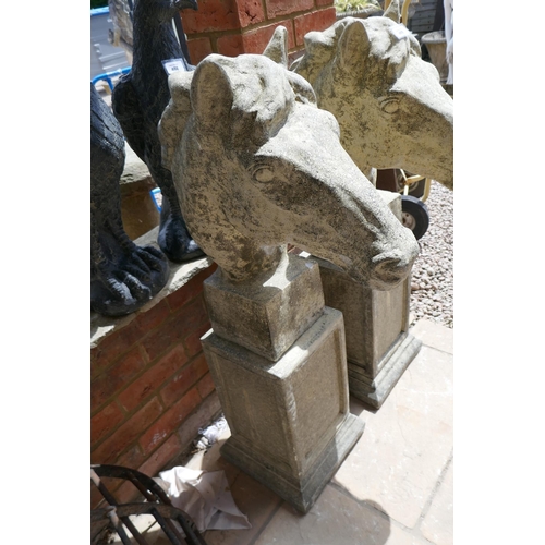 469 - Pair of stone horse busts on plinths - Approx height: 106cm