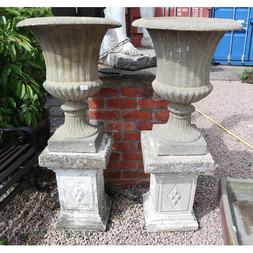 478 - Pair of large stone pedestal planters on plinths - Approx height: 136cm