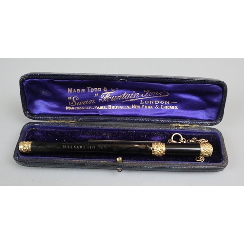 66 - Swan Mabie Todd chatelaine fountain pen in ebonite with gilt trim in original box