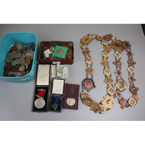 73 - Collection of coins and masonic ephemera