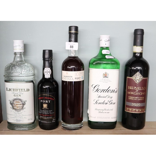 88 - Collection of 5 bottles of booze to include Port, Gin etc