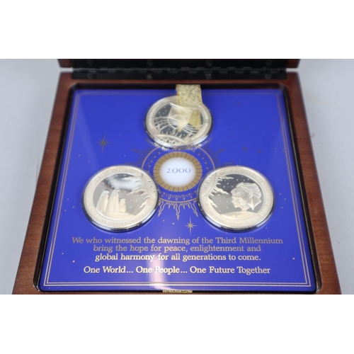 117 - Cased set of 3 silver proof medals - The Dawn of the New Millennium Eyewitness commemorative medals