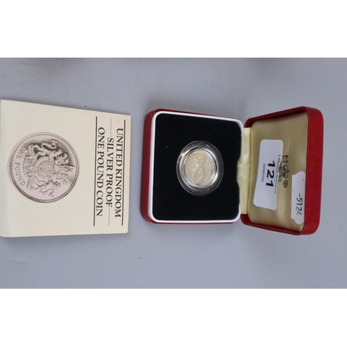 121 - 2 silver proof £1 coins together with a cased white metal 50p