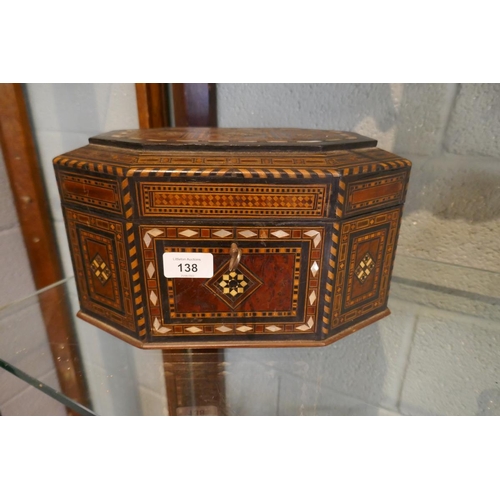 138 - Antique inlaid mother-of pearl casket with key - Approx: W: 30cm D: 20cm H: 17cm