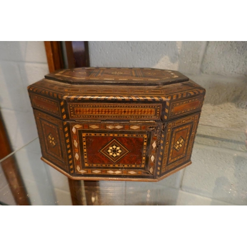 138 - Antique inlaid mother-of pearl casket with key - Approx: W: 30cm D: 20cm H: 17cm