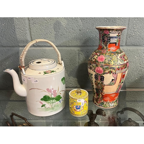 144 - Chinese vase, teapot and tea caddy