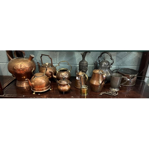 147 - Collection of metalware to include copper teapots etc